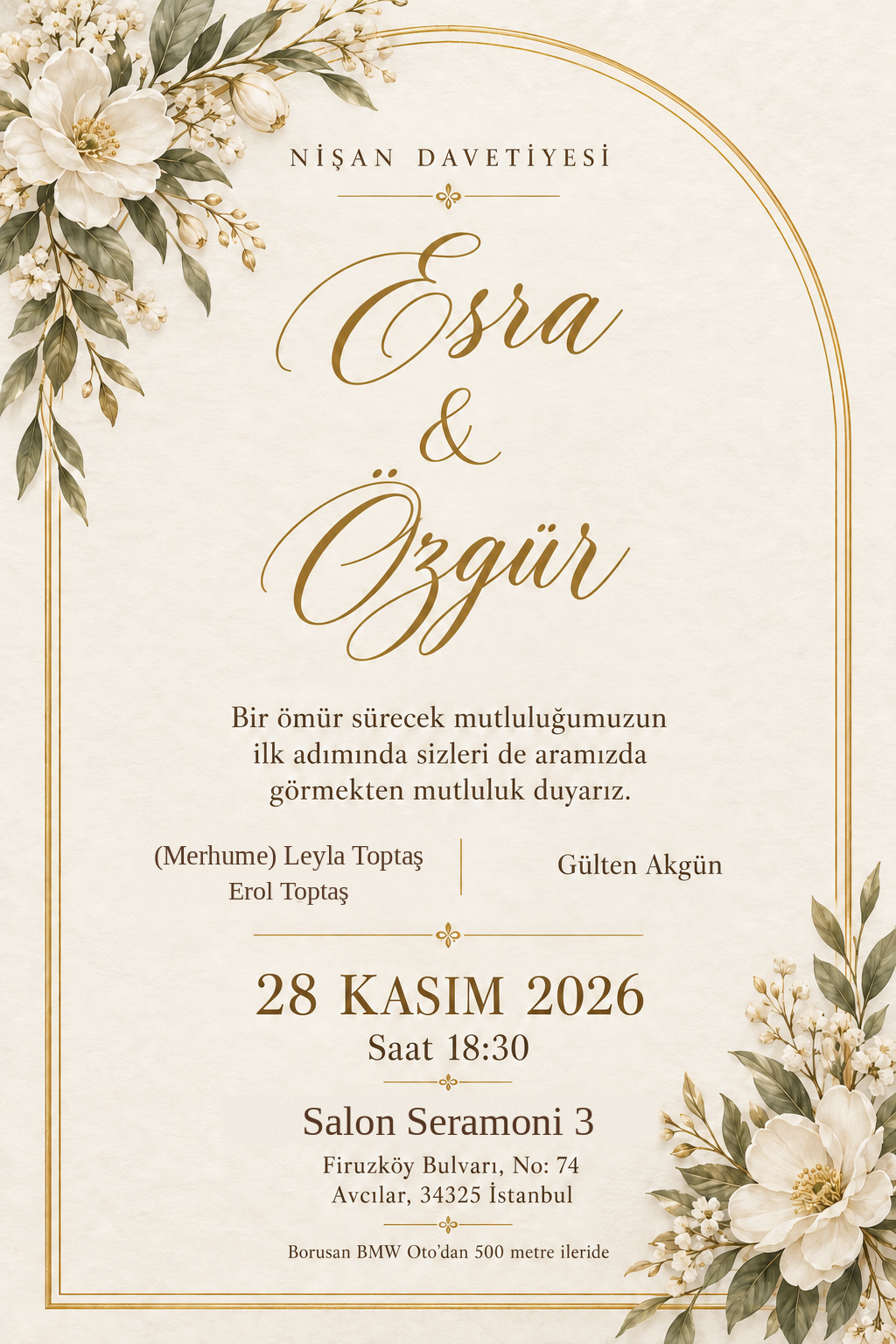 Esra ve Özgür nişan davetiyesi, 28 Kasım 2026 saat 18:30, Salon Seramoni 3