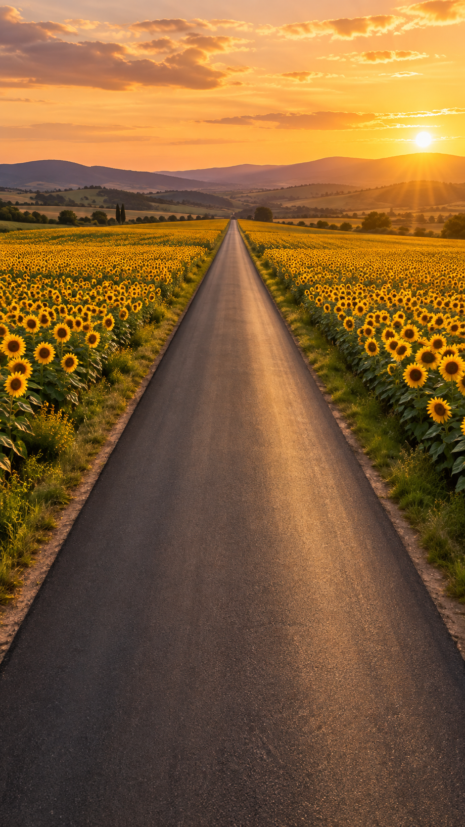 Gün batımında ayçiçeği tarlaları arasındaki yol